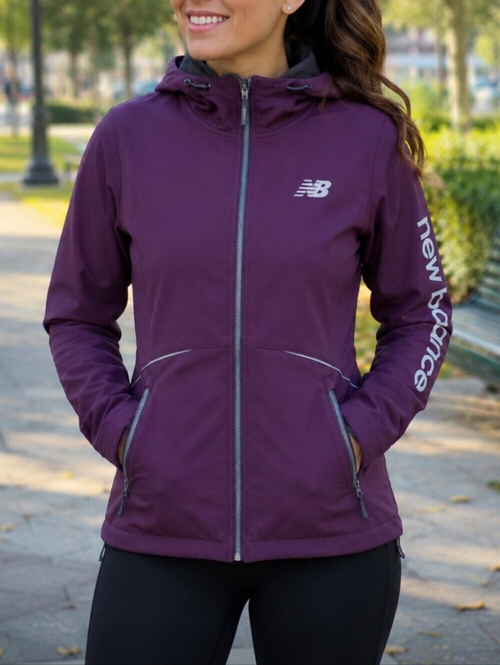 New Balance women's hooded jacket, fleece full zip reddish-grape color sz S.